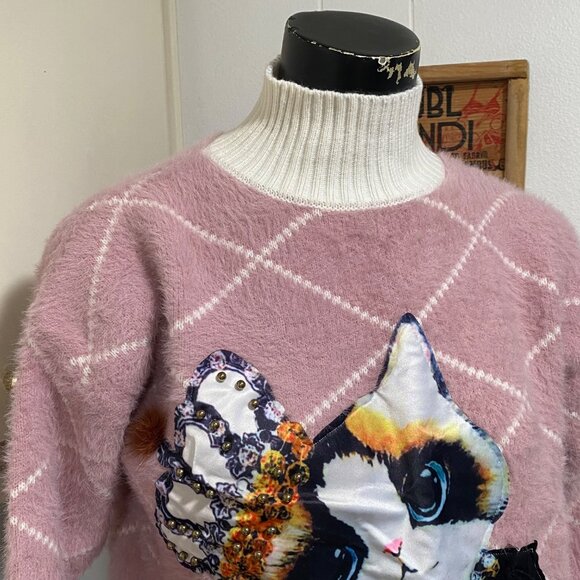 Pink Argyle Mock Neck Cat Sweater Size Medium - Picture 2 of 7
